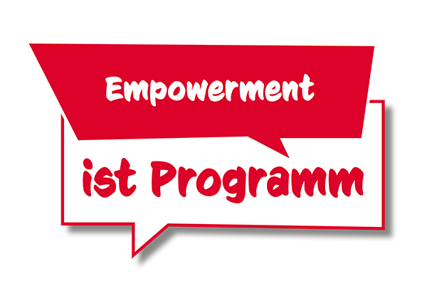 Rote Sprechblase mit dem Text "Empowerment ist Programm"
